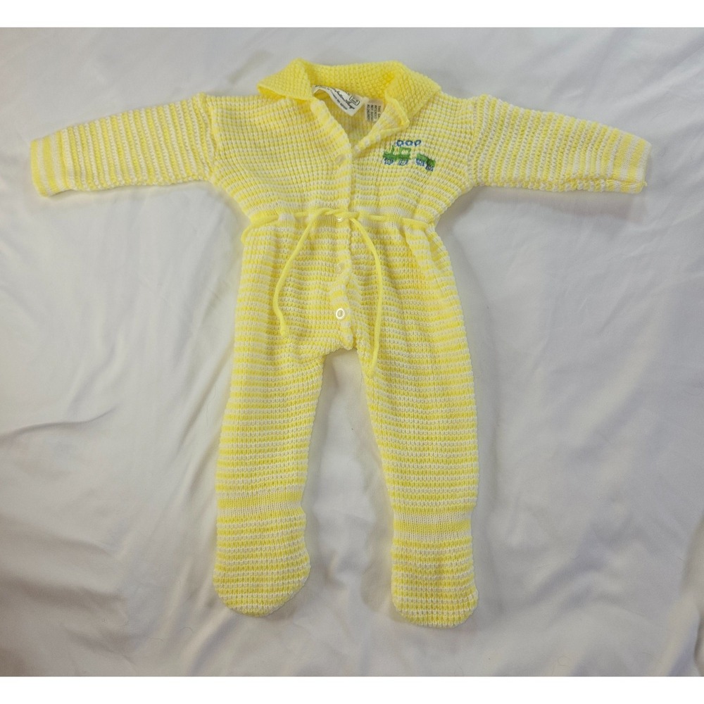 Vintage Baby Kmart Knit Footed One Piece Train Yellow Acrylic 0-6 Month Romper
